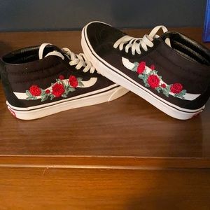 High top black and white vans with rose embroidery